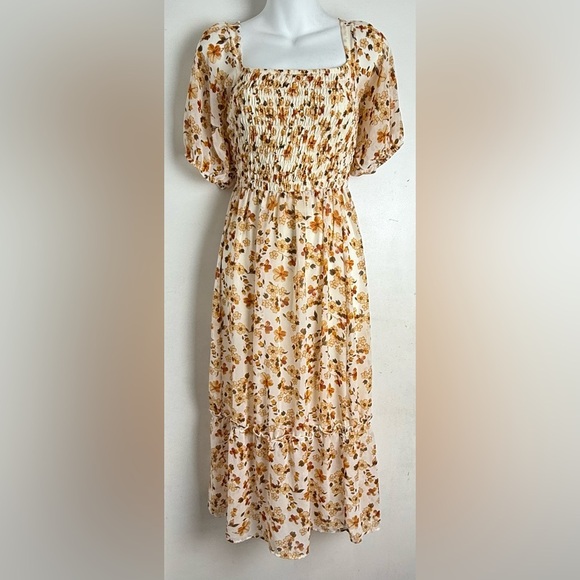 Jessica Simpson Floral Smocked Dress in Cream and Orange - Picture 1 of 5